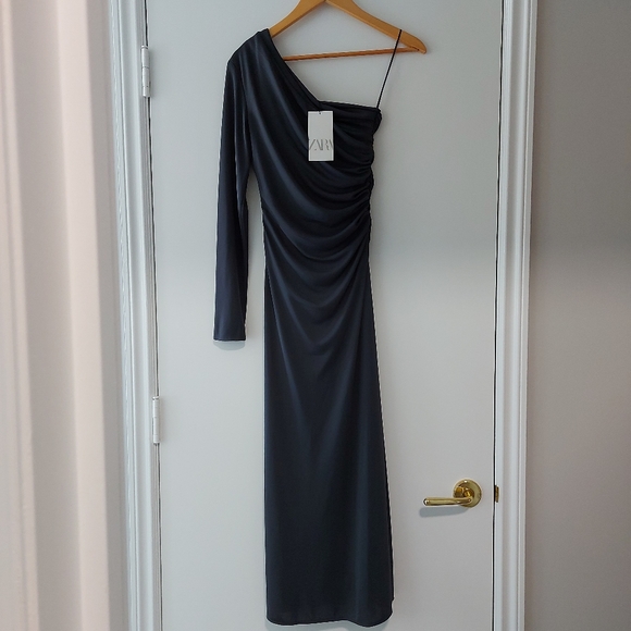 Zara Drapped Asymmetrical Midi Dress Gray - Picture 10 of 13